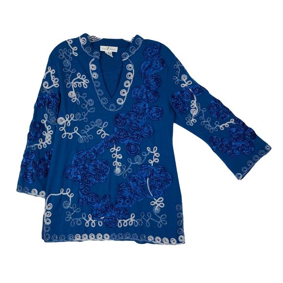 Nwot ONCE AGAIN Top M Blue Embroidery Silver Ribbon-Soutache-Floral Long-Sleeve - Picture 1 of 10